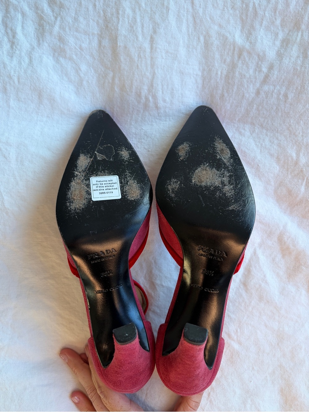 Vintage Prada Suede Velvet Trim Pointy Toe Ankle Strap Heels Hot Pink Red 90s - Picture 8 of 9